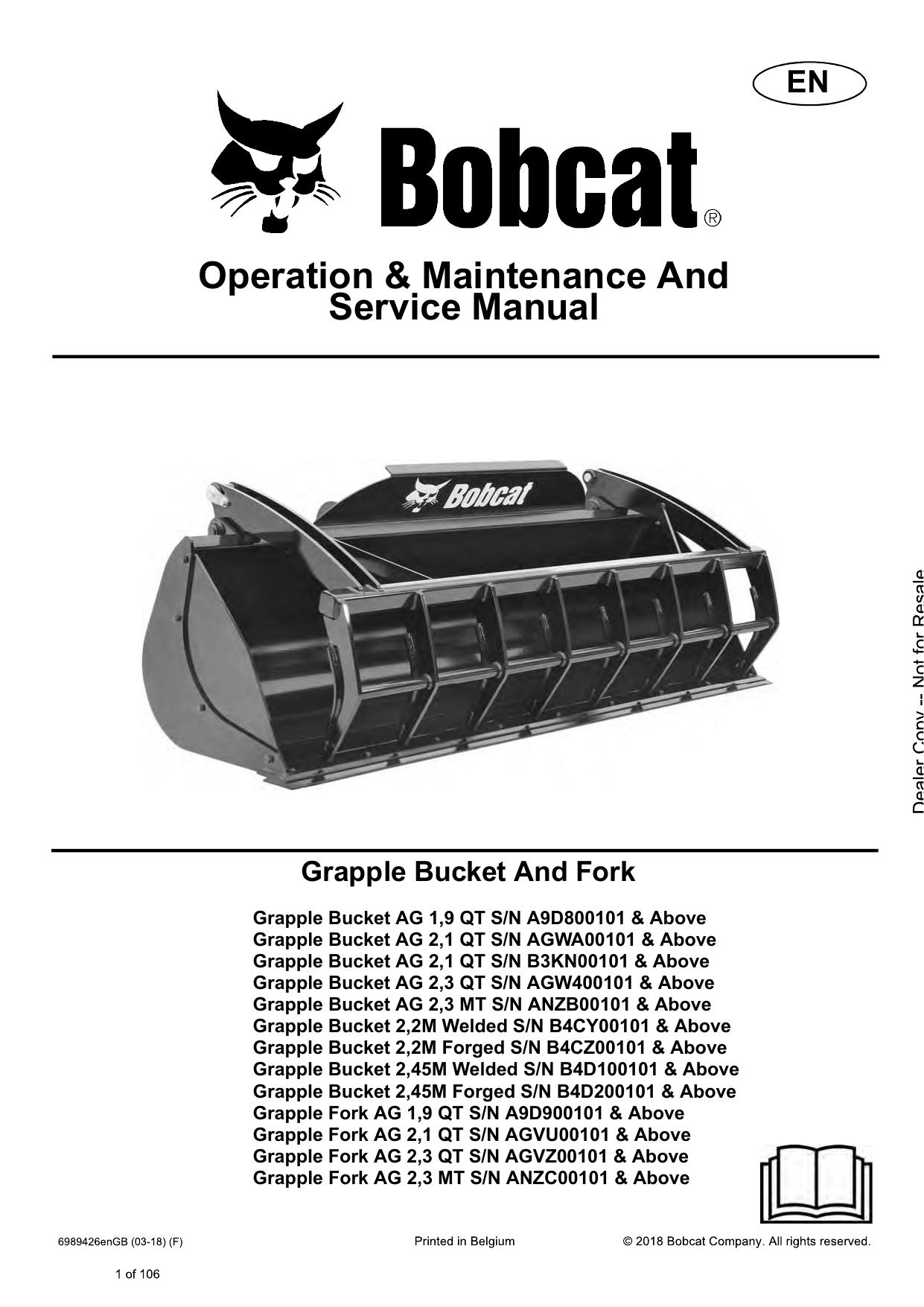 Grapple Bucket And Fork Attachment Operation & Maintenance and Service Manual Bobcat